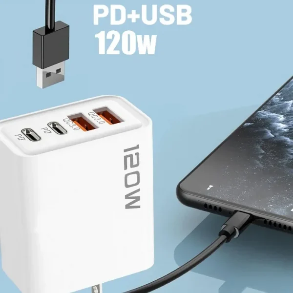 120 واط 4 منافذ USB نوع C شاحن شحن سريع كابل بيانات USB مهايئ شاحن الهاتف لسامسونج آيفون Xiaomi هواوي شاحن الجدار