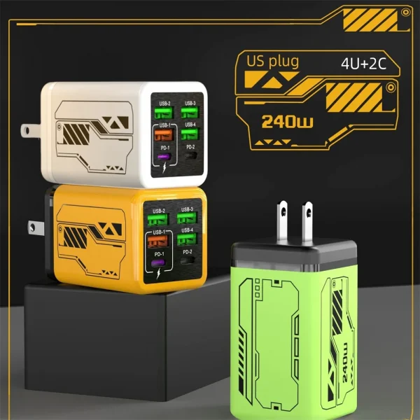 شاحن USB C بقوة 240 واط مع 6 منافذ، شحن سريع، شاحن حائط أوروبي/أمريكي/بريطاني لهواتف آيفون وسامسونج وشاومي، محول طاقة سريع الشحن من النوع C للهواتف.