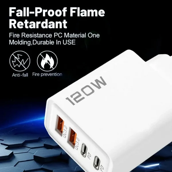 120 واط 4 منافذ USB نوع C شاحن شحن سريع كابل بيانات USB مهايئ شاحن الهاتف لسامسونج آيفون Xiaomi هواوي شاحن الجدار